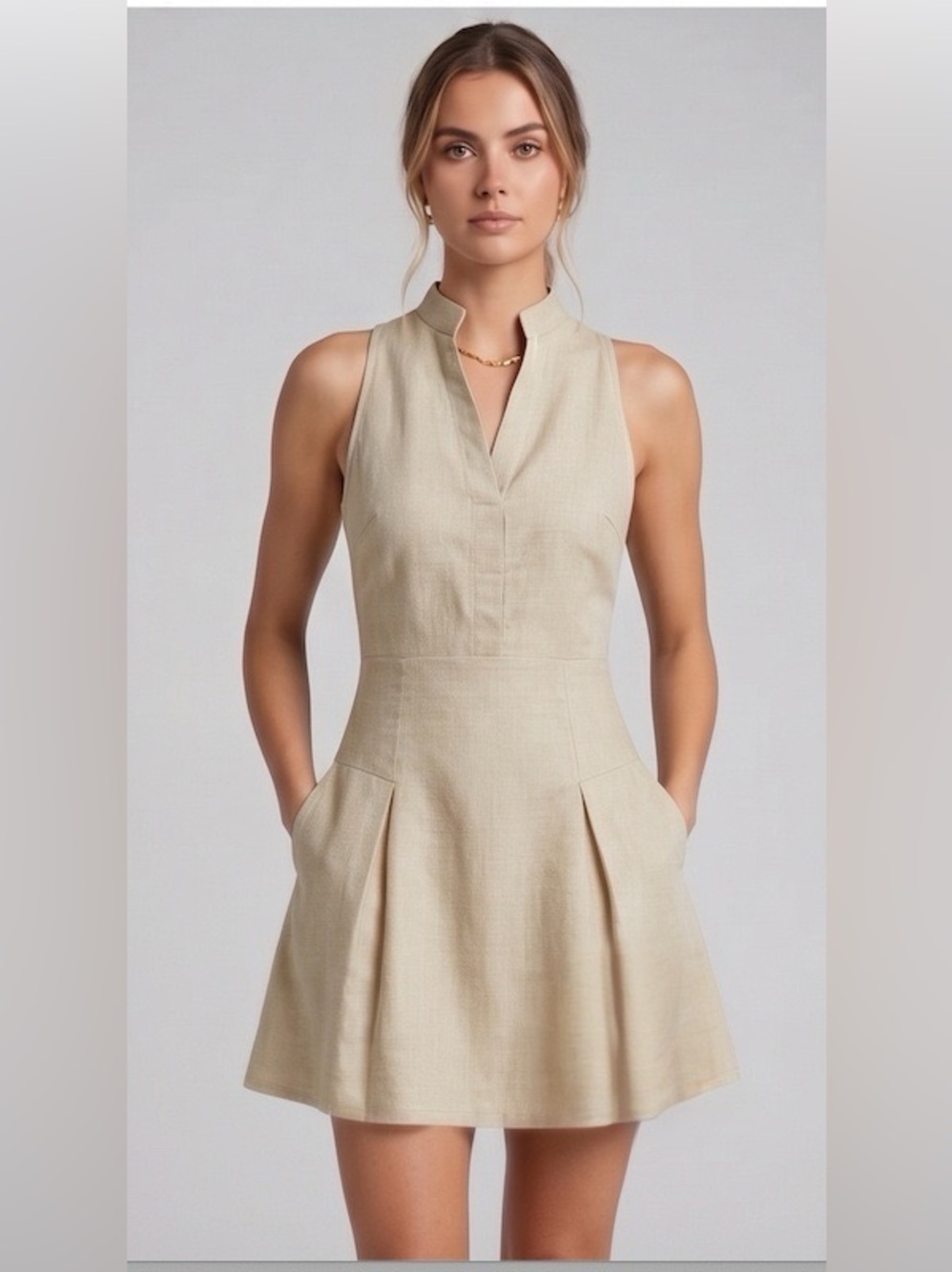 100% Cotton Notch-Neck Pleated Mini Dress in Beige